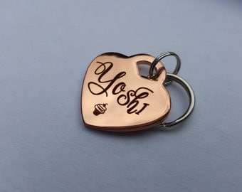 Small Custom Pet ID Tag - Heart Dog Tag - Cute - Pure Copper - Collar Tag - Rose Gold Color Metal