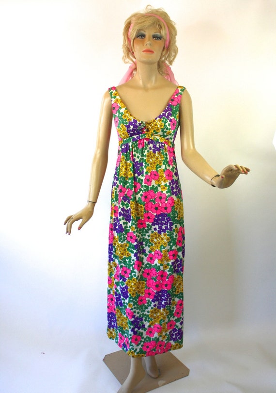 Vintage 60s Floral Sundress Colorful Silky Low Cut w Lace up
