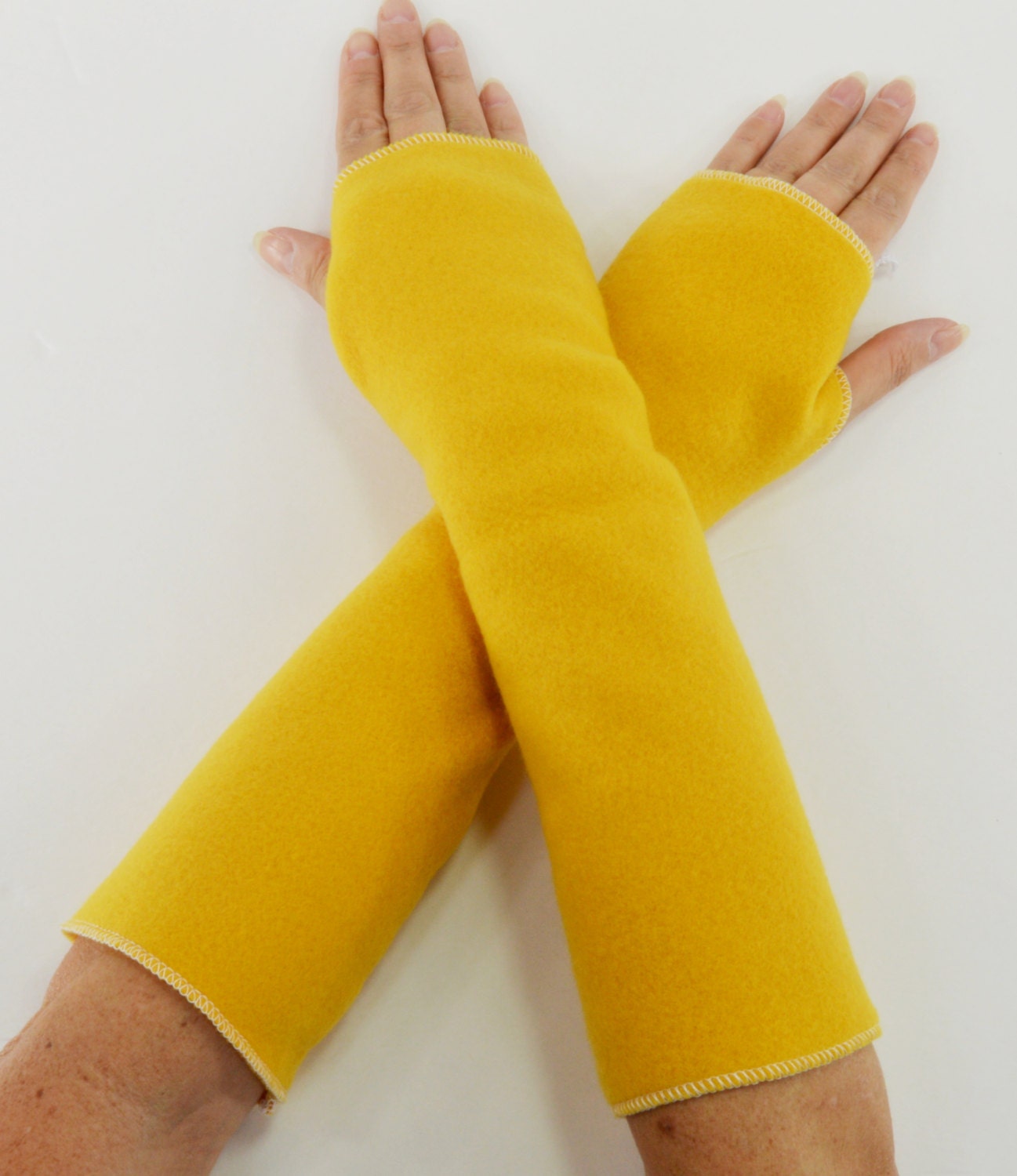 Fingerless Hand Arm Warmers Fleece Gold Yellow by twochixremix