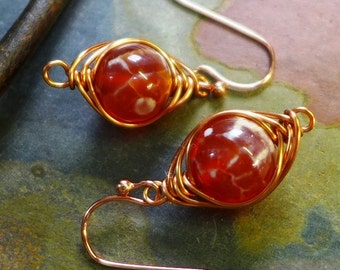 Wire Wrapped Earrings, Orange Fire Agate Gemstone Herringbone Dangle Earrings in Copper, Fire Agate Copper Earrings,