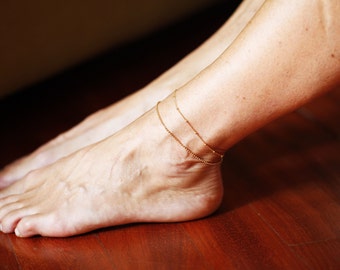 Gold Anklet, Double Gold Anklet, Simple 14k Gold Plated Anklet, Gold Chain Anklet Set of Two, Foot Jewelry, Ball Chain Anklet, Beach Anklet