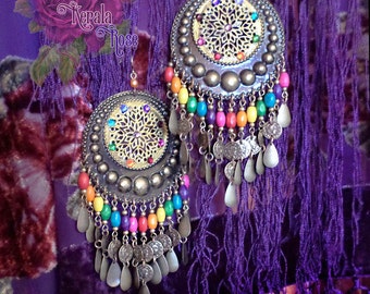 Long Colorful Beaded Gypsy Hoop Earrings Ethnic Indian by kerala