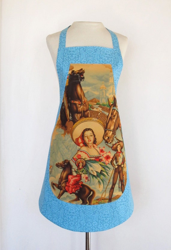 Apron Cowgirl Horses Charra Spanish Mexican Folk Art