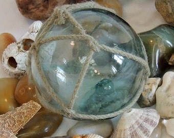 Rare Vintage Japanese Glass FISHING FLOAT Original Net & Makers Button Seal Mark (#6)
