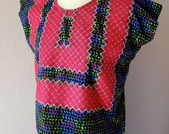 Mexican Tehuana huipil blouse print w/red cadinella embroidery Frida Kahlo boho resort style - 21" x 20