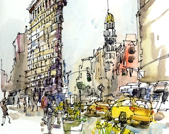 New York sketch , Flatiron Building, New York City Archival Print from a watercolor sketch