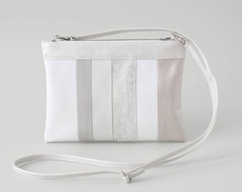 silver striped leather clutch, bridal clutch, bridal bag, zip clutch, evening bag, leather purse