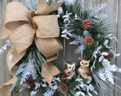 Christmas Wreath Winter Wreath Burlap Owl Wreath Snowy Greenery Snow Falling in the Forest Burlap Winter Wonderland No Red