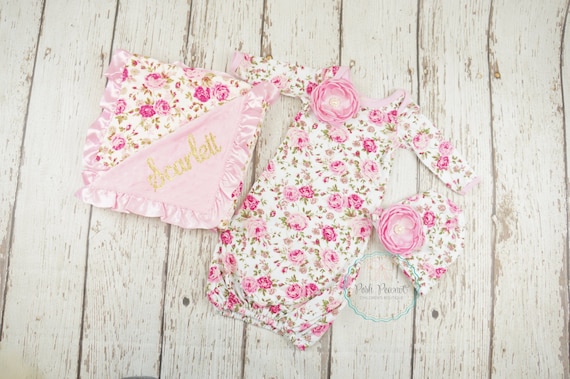 newborn girl gown, newborn girl take home outfit, newborn clothes, baby shower gift set, newborn girl outfit, hospital hat, custom blanket