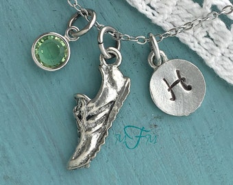 Running Shoe Charm Necklace, Personalized Necklace, Silver Pewter Sneaker Charm, Custom Necklace, Swarovski Crystal birthstone
