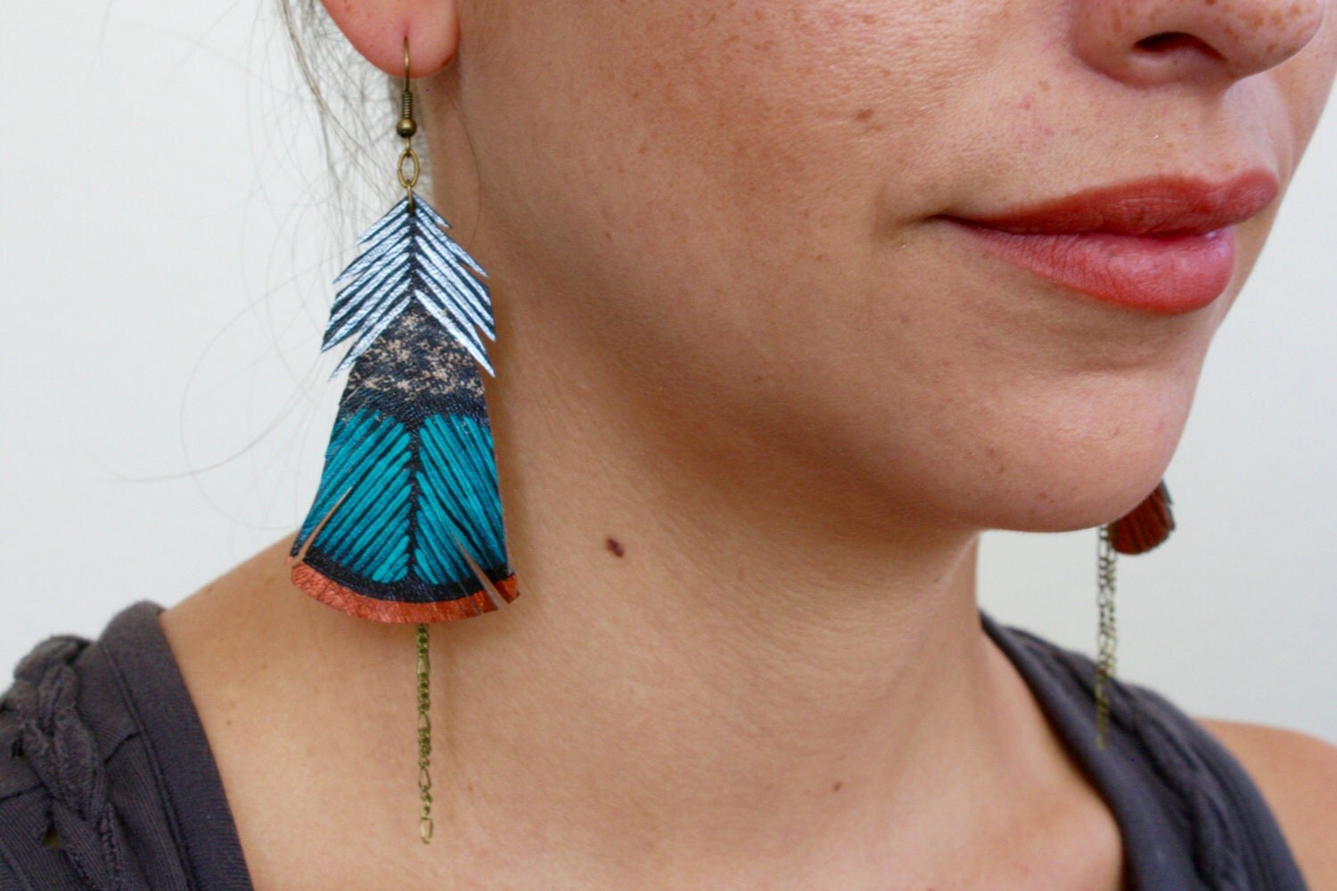 Painted Faux Leather Earrings Turkey Feathers Handmade