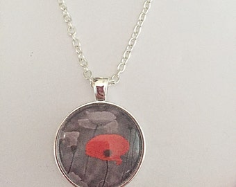 Poppy Necklace - Remembrance Necklace - Poppy Jewellery - Gift For Her - Flower Jewelry - Glass Pendant