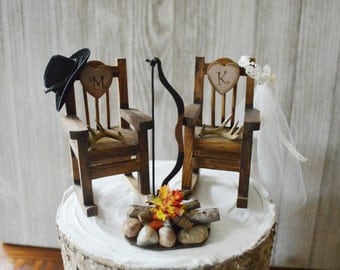 wood rocking chair hunting bow and arrow wedding cake topper deer hunter groom bride country wedding riffle shotgun camping fire pit Mr &Mrs
