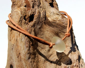 Hawaiian Clear Beach Glass on India Leather Cord Completely Adjustable & Stackable Bracelet