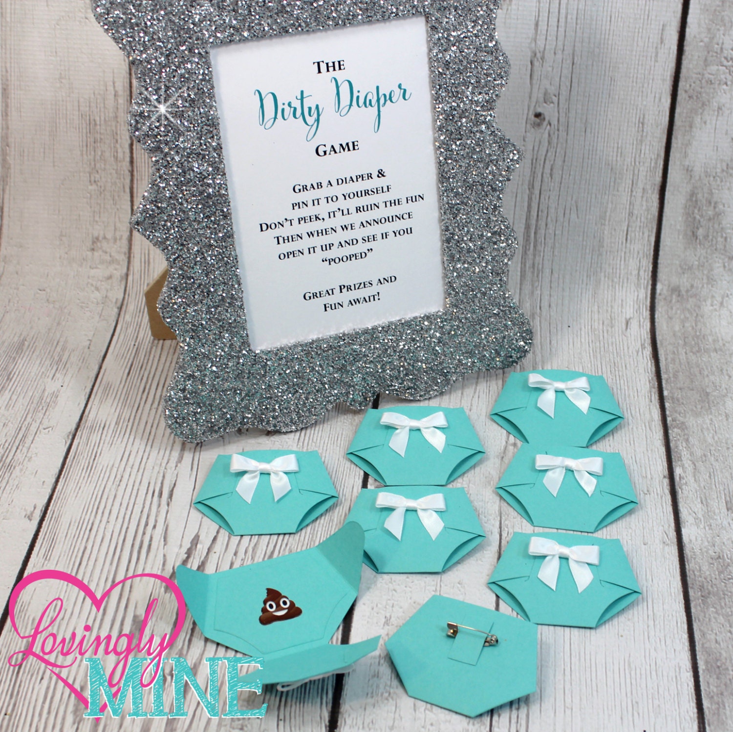 Dirty Diaper Game Light Teal Diaper Pins and matching Silver
