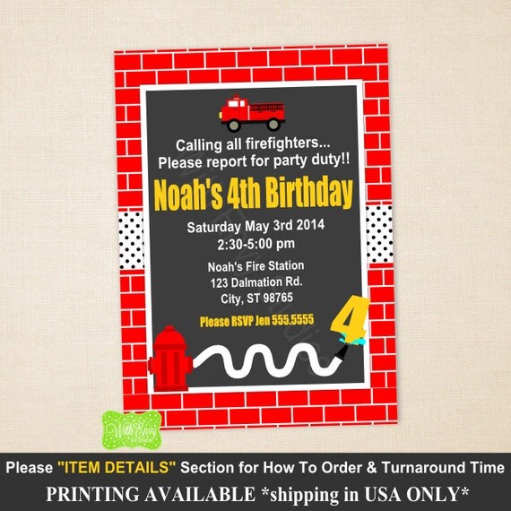 Firetruck Party Invitation - Red Firetruck Birthday Party Invitation - Fireman Invitation - Firetruck Thank You Card - Digital and Printed Il_570xn