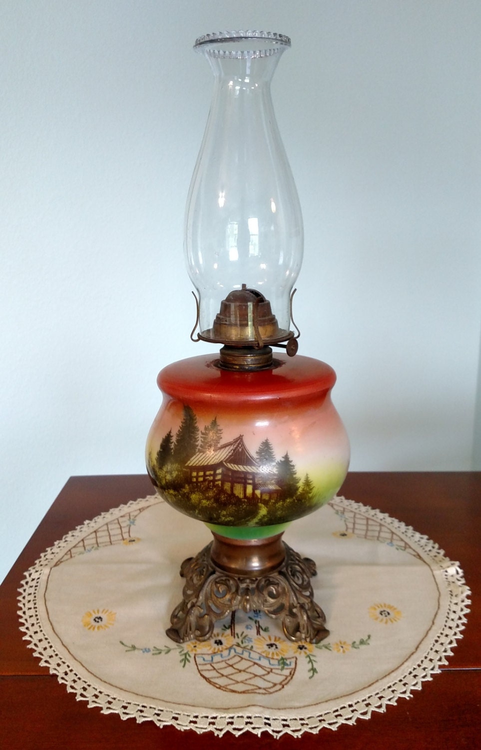 Rare Antique Oil Lamp with Japanese Cottage Scene