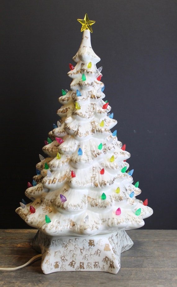 1960s White and Gold Lighted Ceramic Christmas Tree // Multi