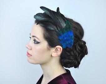 Feather Fascinator Hair Clip in Vibrant Turquoise and Glossy Black