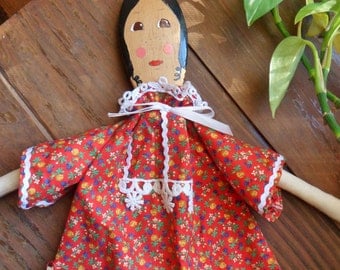Handmade Wooden Spoon Doll, Spoon Doll in Red Calico Dress