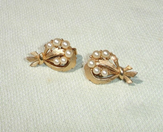 Gold Tone Trifari and Faux Pearl Clip On Earrings Signed