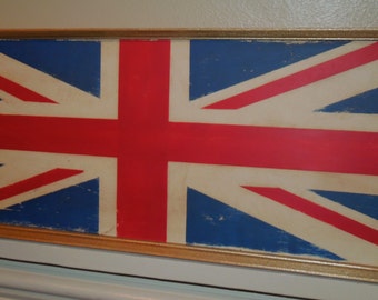 Union Jack sign/ hand painted sign/gold framed/distressed sign/British flag/vintage style/red white and blue