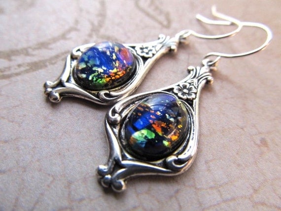 Blue earrings in silver settings - blue fire opal earrings silver