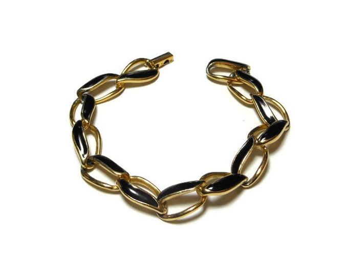 FREE SHIPPING 1980s Trifari choker bracelet set, gold and black gloss and flat enamel demi parure with gold tone chain, necklace
