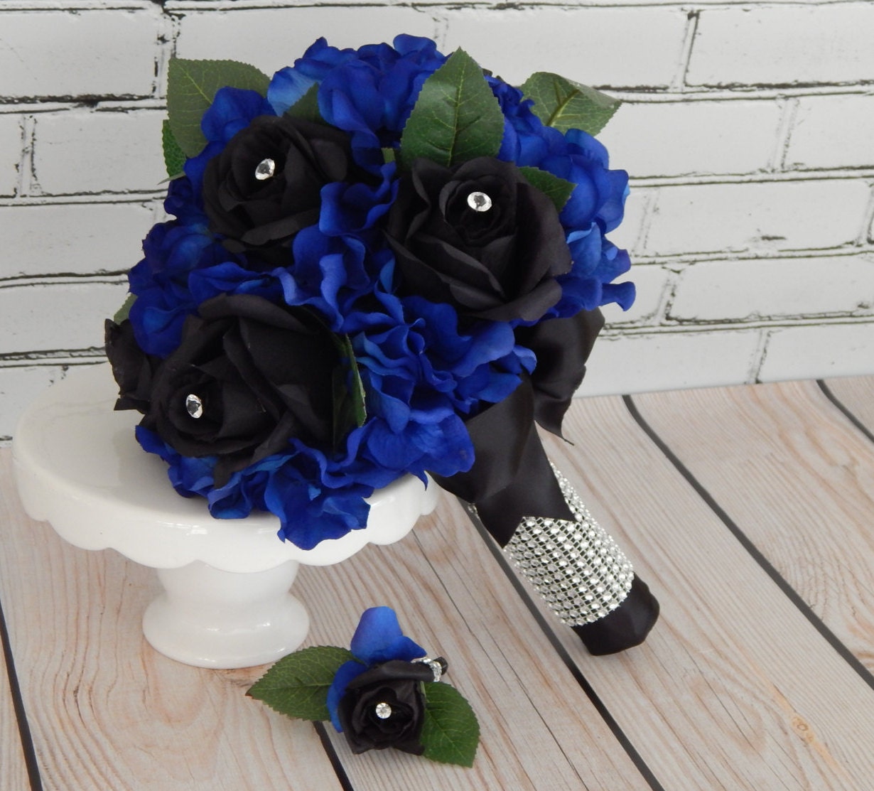 Rose Wedding Bouquet Black and Blue Silk Flower Bridal by 3Mimis