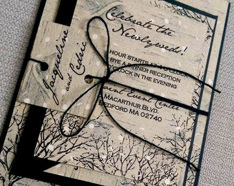 Winter Wedding Invitation Suite- Birch Trees, Snow - Black, White and Tan
