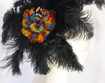Black Ostrich feather, Flower Hair clip, 1920's headpiece, 20's hair, 20's hair clip, 20's feather clip, flapper hair clip, black feather