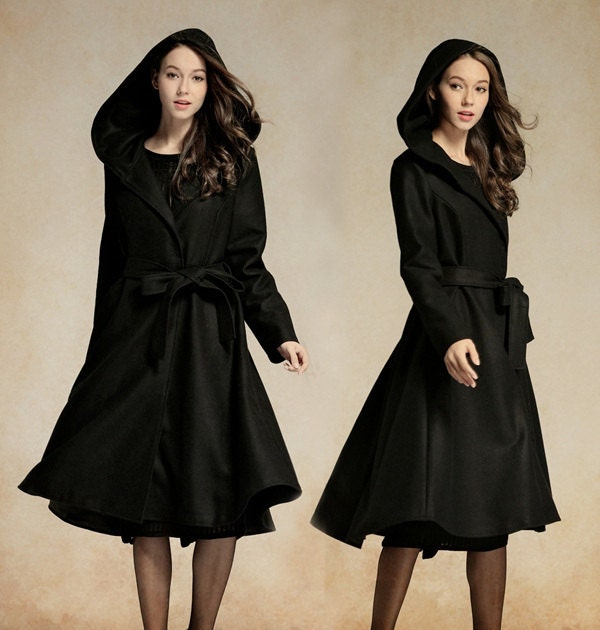 Hooded Wool Coat In Black / Long Trenchcoat Jacket / Cashmere