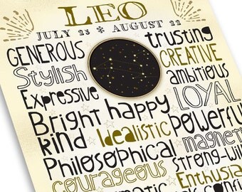 Leo Typography Print - Zodiac Traits • Star Map Constellation - Poster Art • Fun Birthday, Family, Engagement Gift