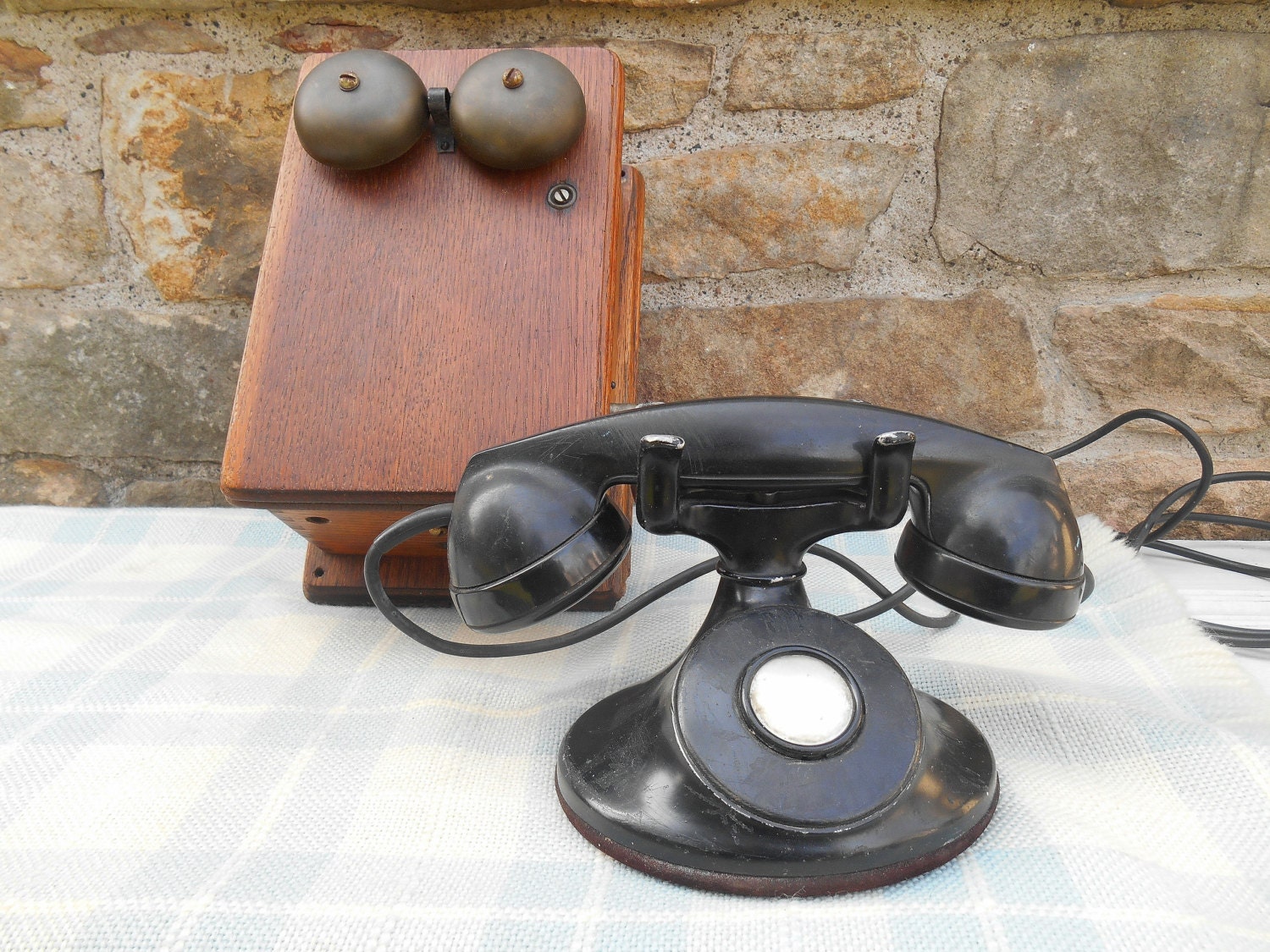 Antique Crank Telephone with Wood Wall Box with Brass Bells
