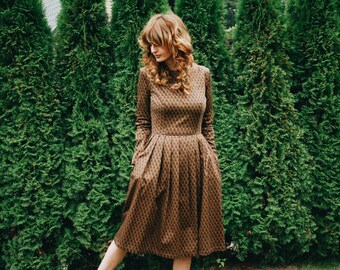 Chocolate Brown Floral Dress - Autumn Dress - Long Sleeved Dress - Midi dress in Floral- Women Dress - Handmade by OFFON