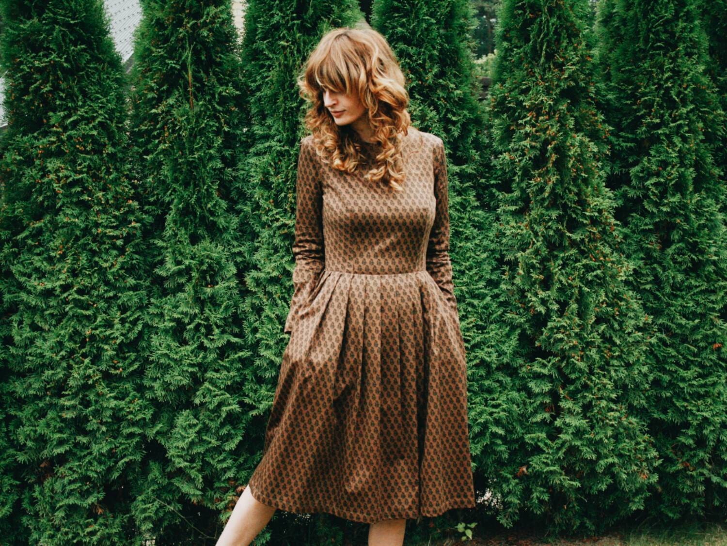 Chocolate Brown Floral Dress Autumn Dress Long Sleeved