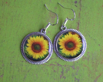 Sunflower Earrings Yellow Flower 3D Picture Jewelry Dimensional Silver Round