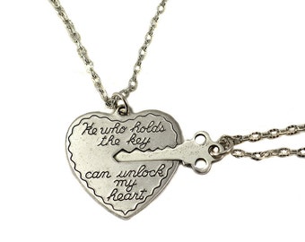 Key to My Heart Necklace, Heart and Key Necklaces, Boyfriend Girlfriend Necklaces, Unlock My Heart Two Necklace Set, valentines day gift