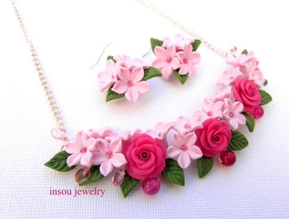 Pink Jewelry Set Flower Jewelry Roses Flower Necklace Flower