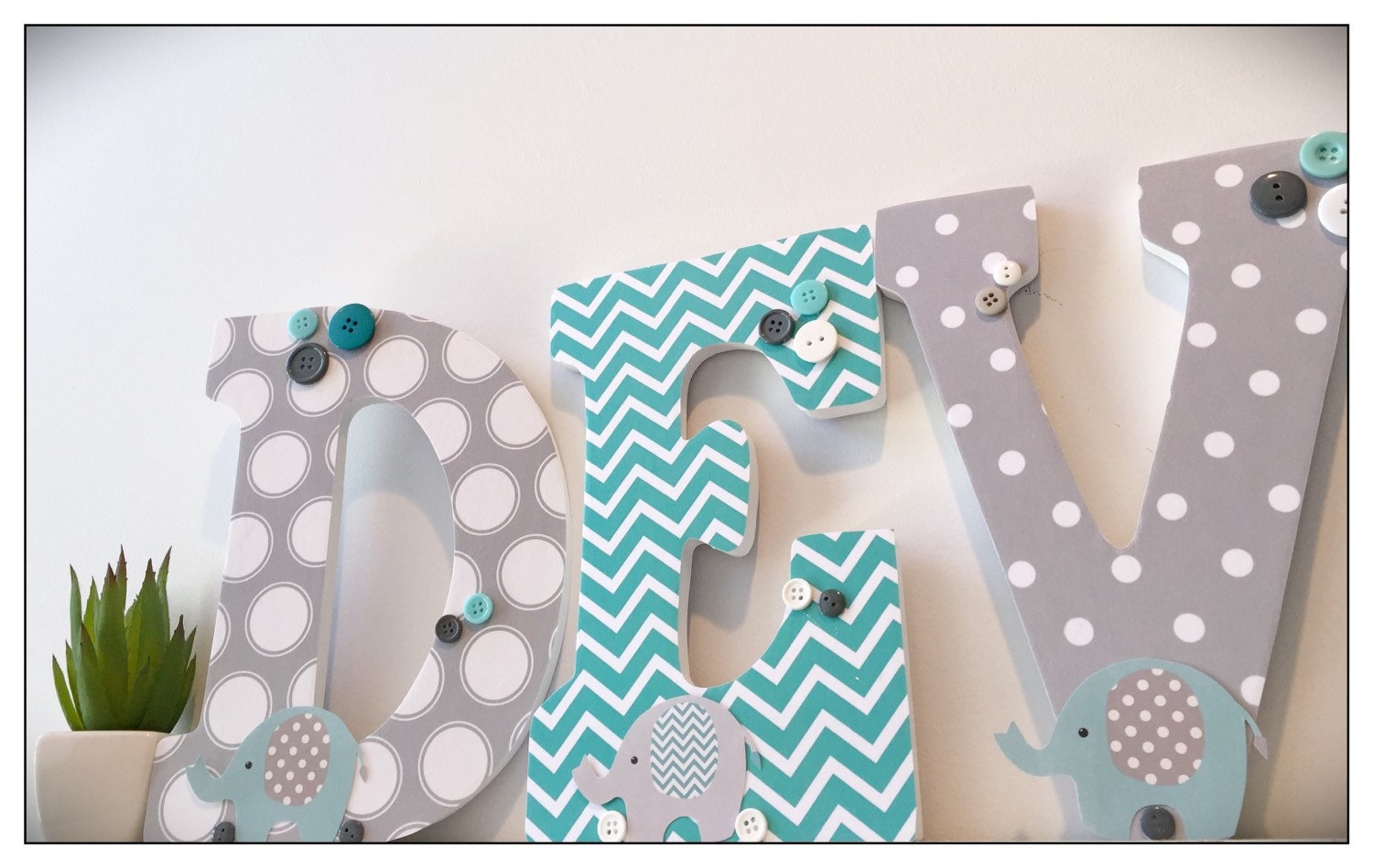 Elephant Nursery. Aqua. Gray. Turquoise. Wood Letters. Baby