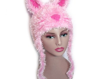 Pink Fluffy Bunny Hat - Crochet Rabbit Beanie - Womens Pink Animal Ears Hat - Custom Size Rabbit Hat - Bunny Rabbit Costume - Kawaii Hat