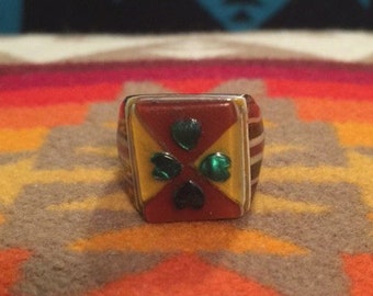 Vintage Celluloid Bakelite Folk Art Prison Ring by Bob Dodd (Size 7)