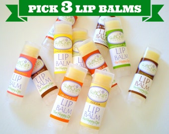 Pick Three Natural Lip Balms - Lip Balm Sale - Lip Balm Special - Choose 3 Organic Lip Balms - Women / Men - Stocking Stuffer Gift