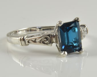 London Blue Topaz Ring in Sterling Silver, Genuine Octagon London Blue Topaz Stone, Scroll Renaissance Style Ring