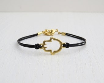 Summer SALE - Gold hamsa bracelet, Gold leather bracelet, Gift for her