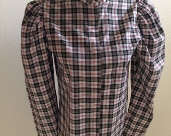 Plaid Blouse in Pure Cotton Handmade in the 70s, Bust 32 inches
