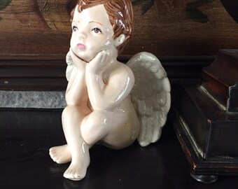 Vintage Ceramic Angel - Sitting Angel - Cherub - Painted Glazed Angel - Chubby Naked Angel - Angels Wings - Angel Decor - Christmas Angel
