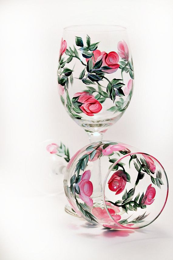 Hand painted wine glasses pink roses buds by Brusheswithaview