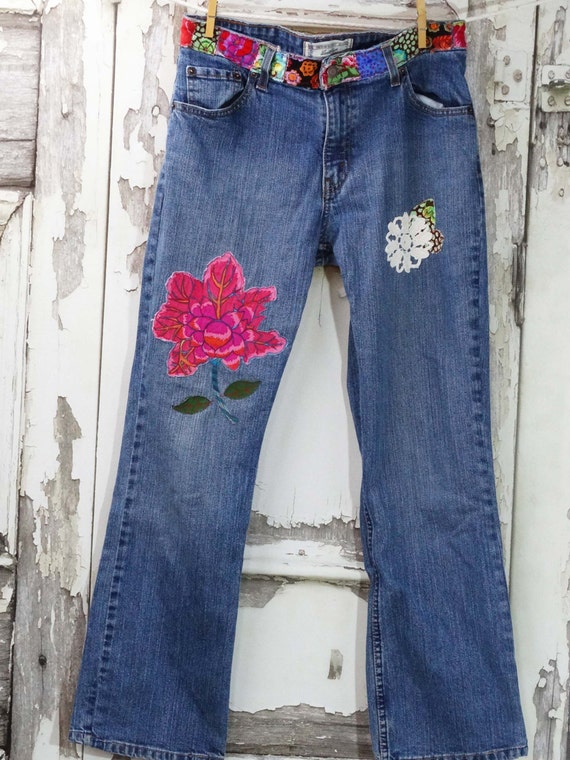 Levis Hippy Jeans Appliqued Jeans Upcycled Clothing Upcycled