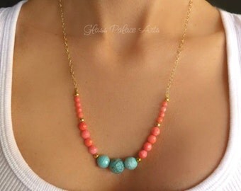 Turquoise and Coral Necklace - Coral and Turquoise Jewelry - Turquoise Statement Necklace - Beaded Turquoise Necklace - Chunky Necklace Gift